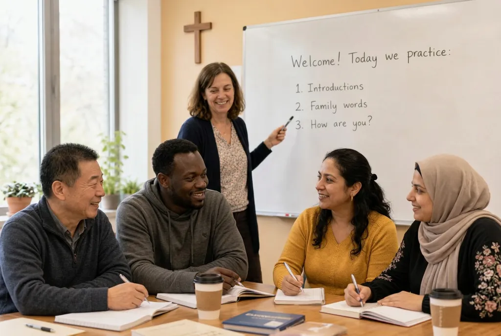 Adult English learners smiling and practicing together with their volunteer teacher